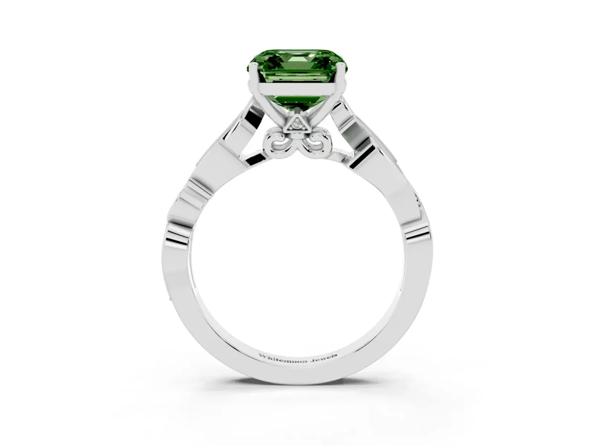 Fancy Green Asscher Cut Solitaire Vine Band with Milgrain Prong Setting Silver