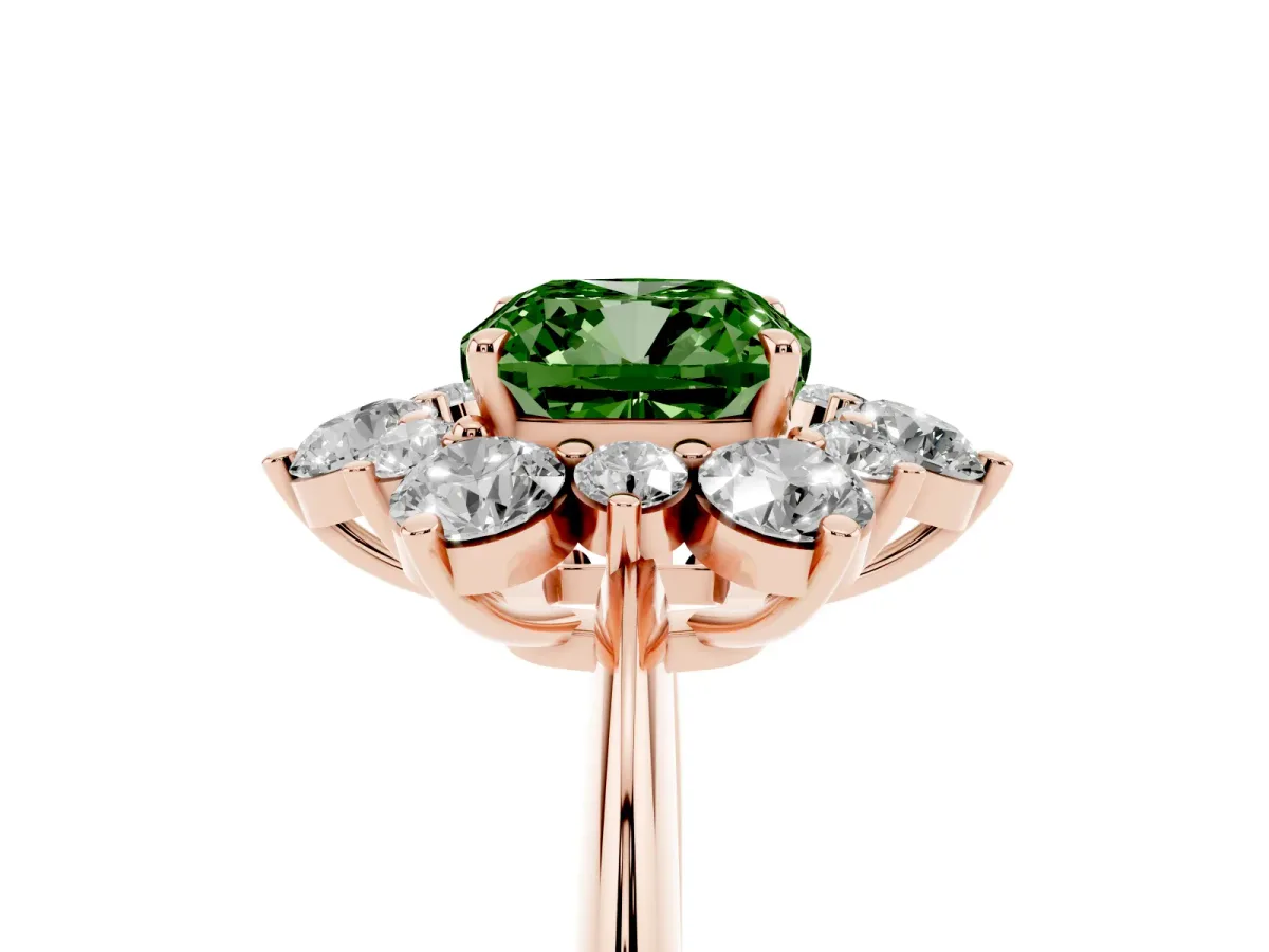 Fancy Green Cushion Cut Diamond Cluster Halo Ring with Solitaire Band and Four-Prong Setting Rose gold