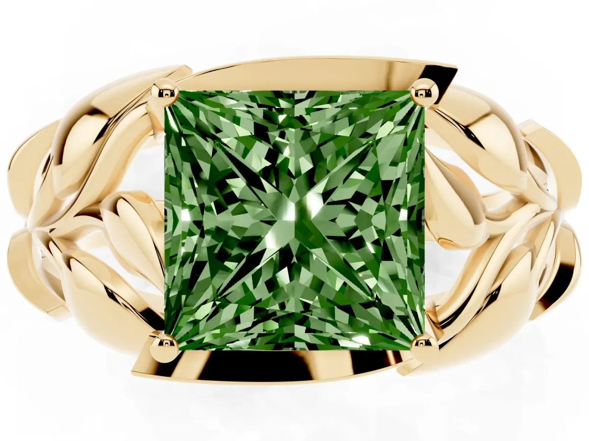 Fancy Green Princess Cut Diamond Leaf-Inspired Engagement Ring with Round Accents and Prong Setting Yellow gold
