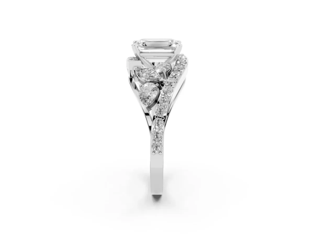 Emerald Cut Diamond Halo Ring with Marquise and Pavé Band in Prong Setting Platinum