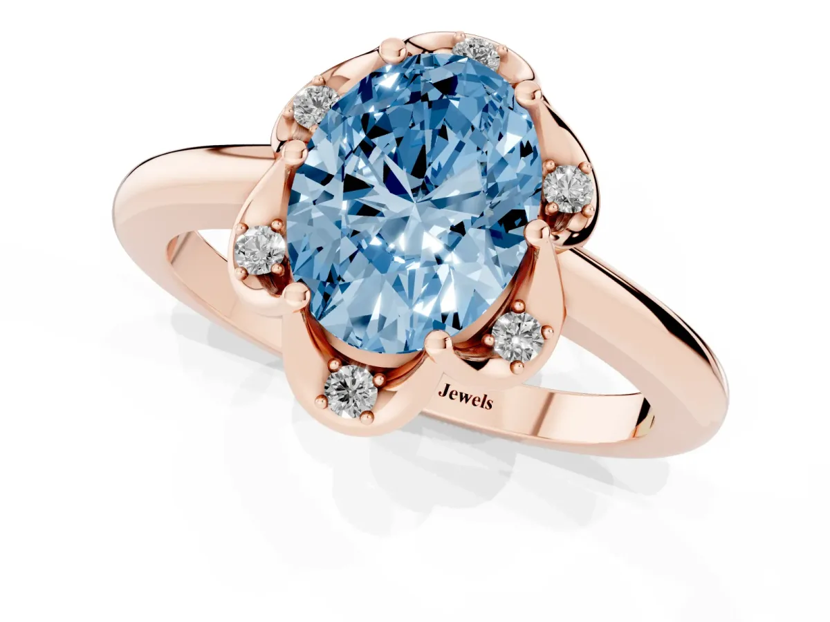 Fancy Blue Oval Cut Halo Diamond Ring with Round Cluster Setting, Solitaire Band, and Four-Prong Setting Rose gold