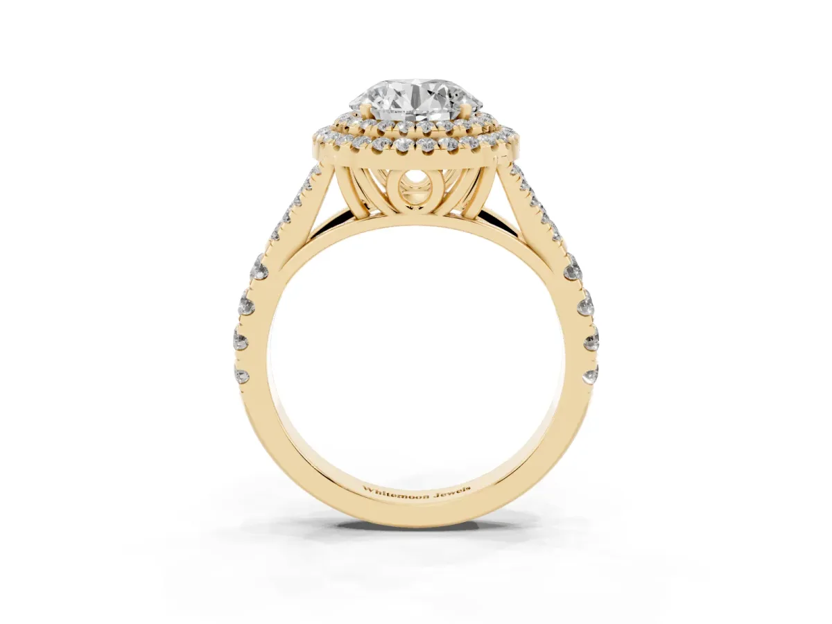 Double Halo Round Cut Diamond Split Shank Engagement Ring with Four-Prong Setting Yellow gold