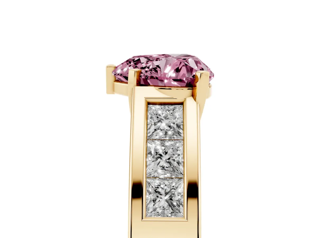 Fancy Pink Heart Cut Cut Channel Set Solitaire Ring with Four-Prong Setting Yellow gold