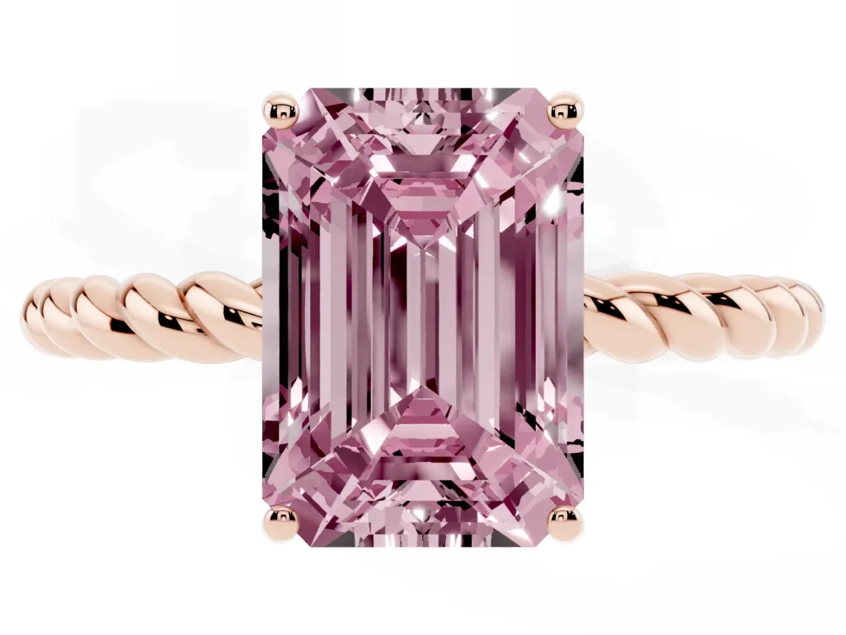 Fancy Pink Emerald Cut Solitaire Twisted Band 4-Prong Ring Rose gold