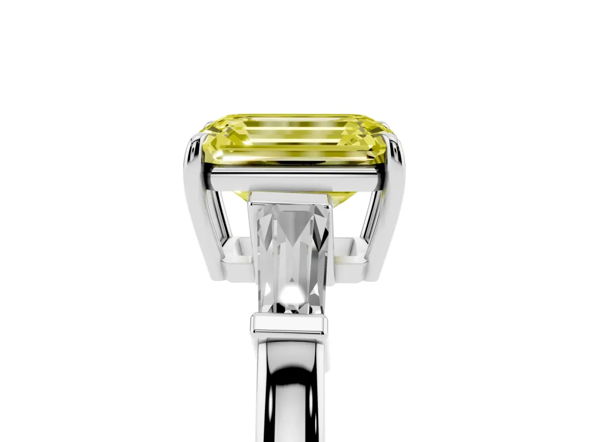 Fancy Yellow Emerald Cut Diamond Three-Stone Ring with Tapered Baguette Side Stones and Prong Setting White gold