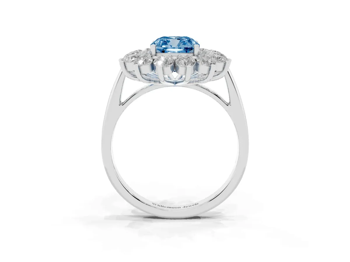 Fancy Blue Cushion Cut Diamond Floral Double Halo Engagement Ring with Prong Setting Platinum