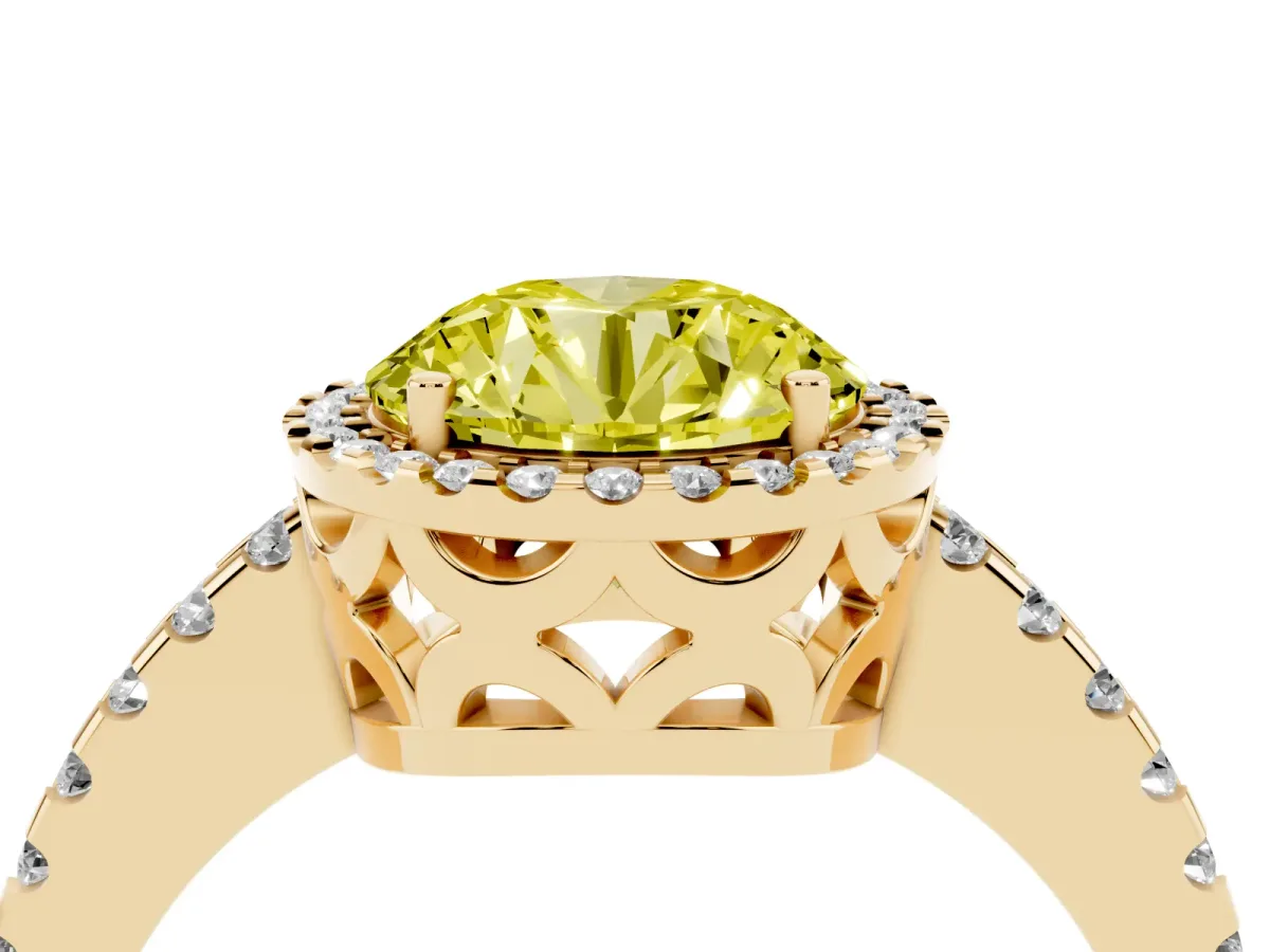 Fancy Yellow Round Cut Diamond Halo Engagement Ring with Pavé Band and Prong Setting Yellow gold