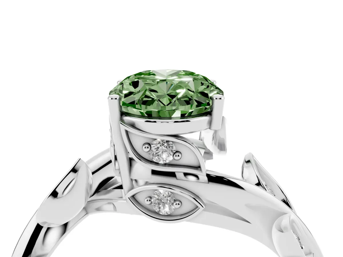 Fancy Green Oval Cut Solitaire Twist Engagement Ring with Leaf Accents and Prong Setting Silver