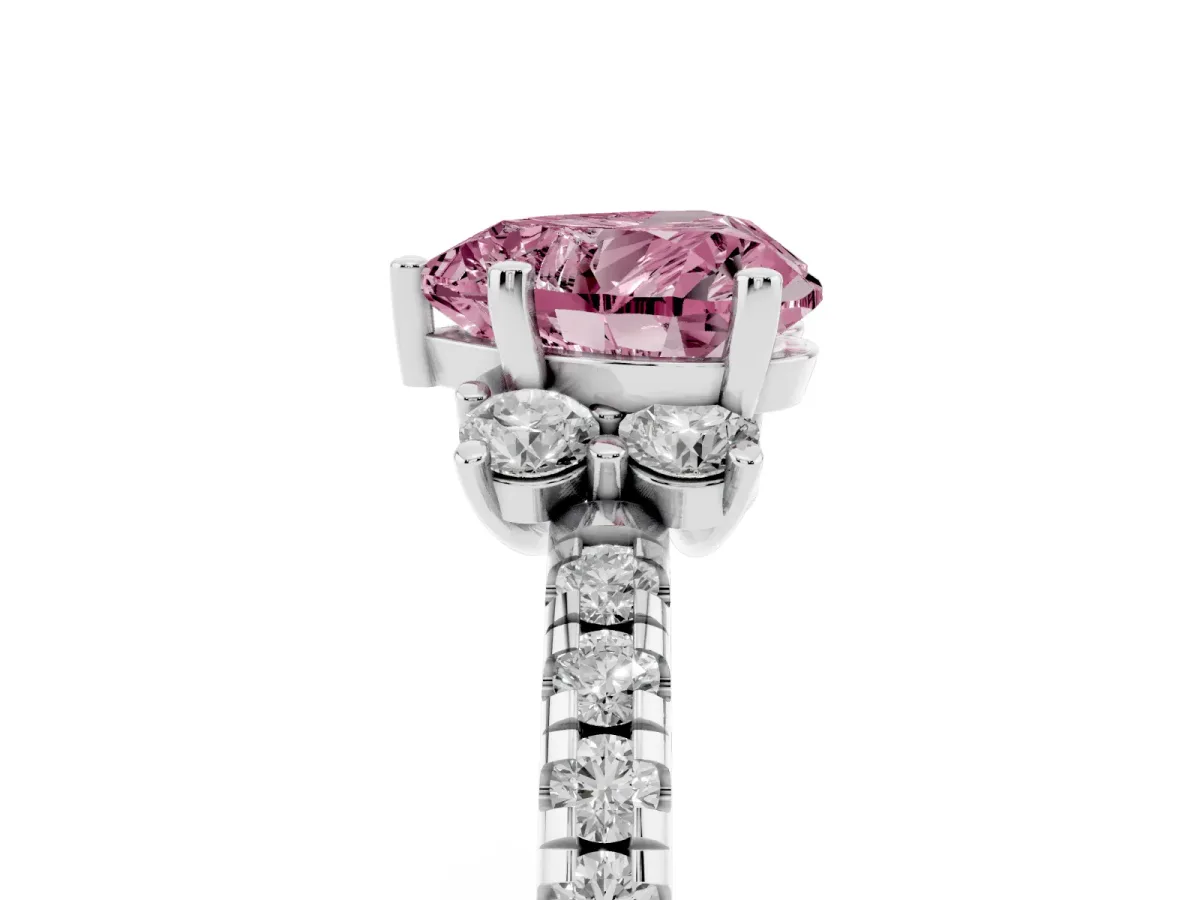 Fancy Pink Heart Cut Diamond Three-Stone Pave Band with Four-Prong Setting Silver