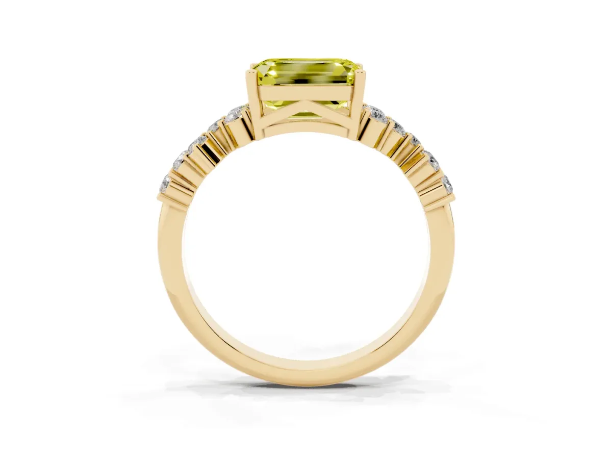 Fancy Yellow Emerald Cut Diamond Scattered Round Accent Ring with Prong Setting Yellow gold