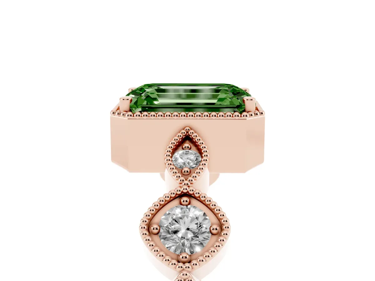 Fancy Green Emerald Cut Diamond Vintage Milgrain Ring with Round Stations Rose gold