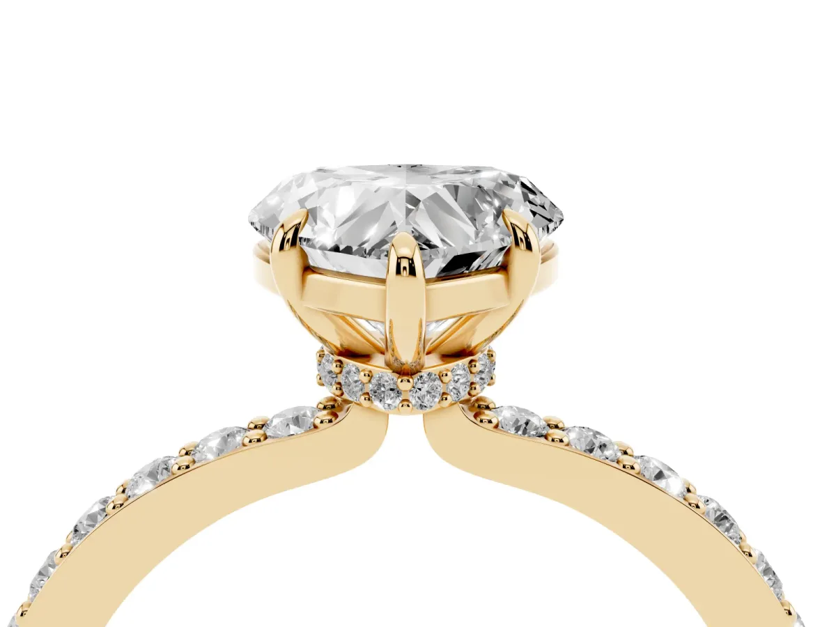 Heart Cut Diamond Pavé Engagement Ring with Round Accents and Prong Setting Yellow gold