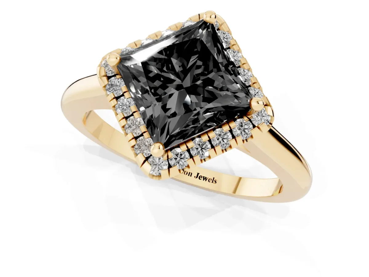 Fancy Black Princess Cut Halo Round Diamond Solitaire Engagement Ring with Pave Band and Four-Prong Setting Yellow gold