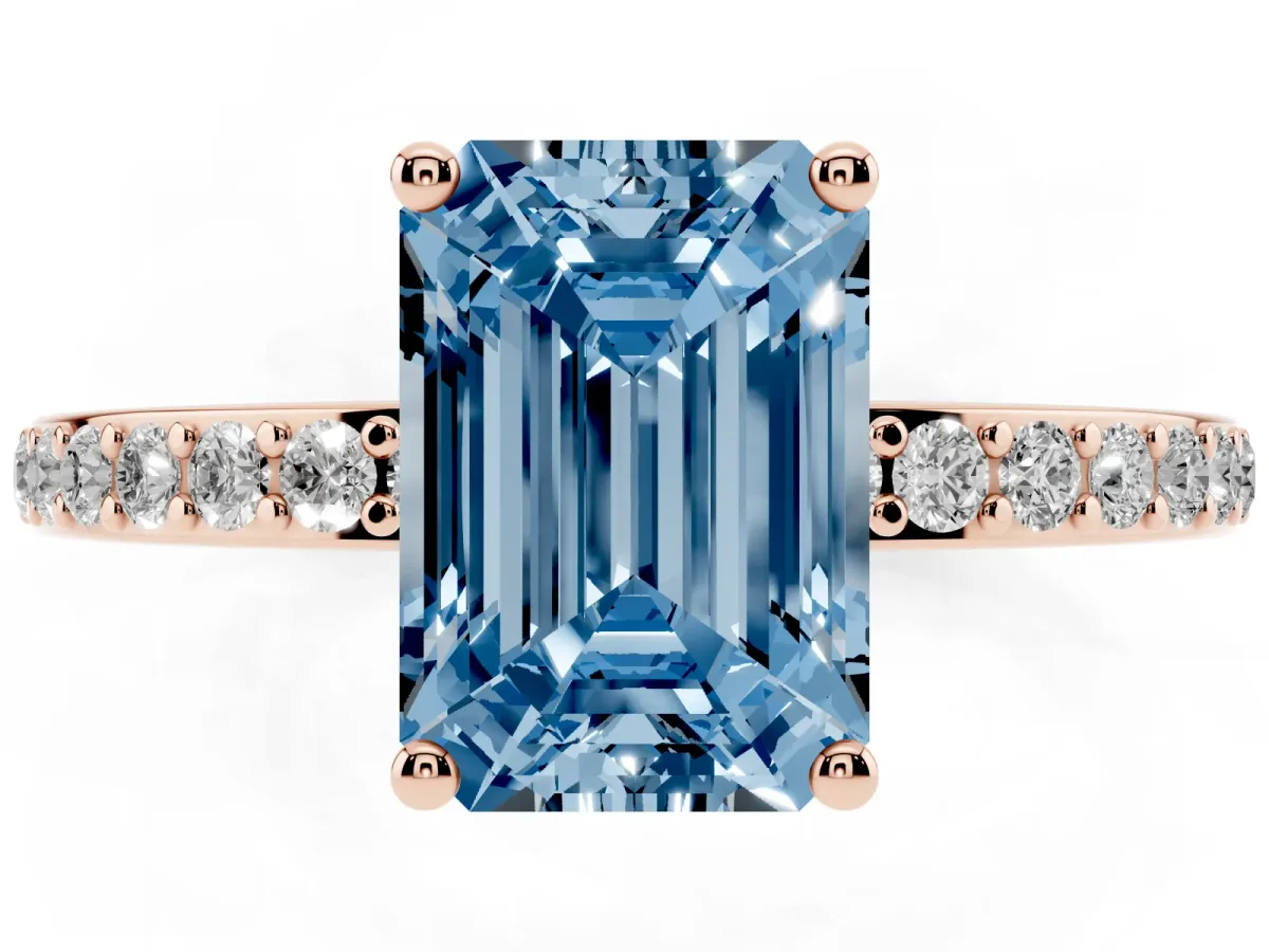 Fancy Blue Emerald Cut Cut Diamond Pavé Band Ring with Four-Prong Setting Rose gold