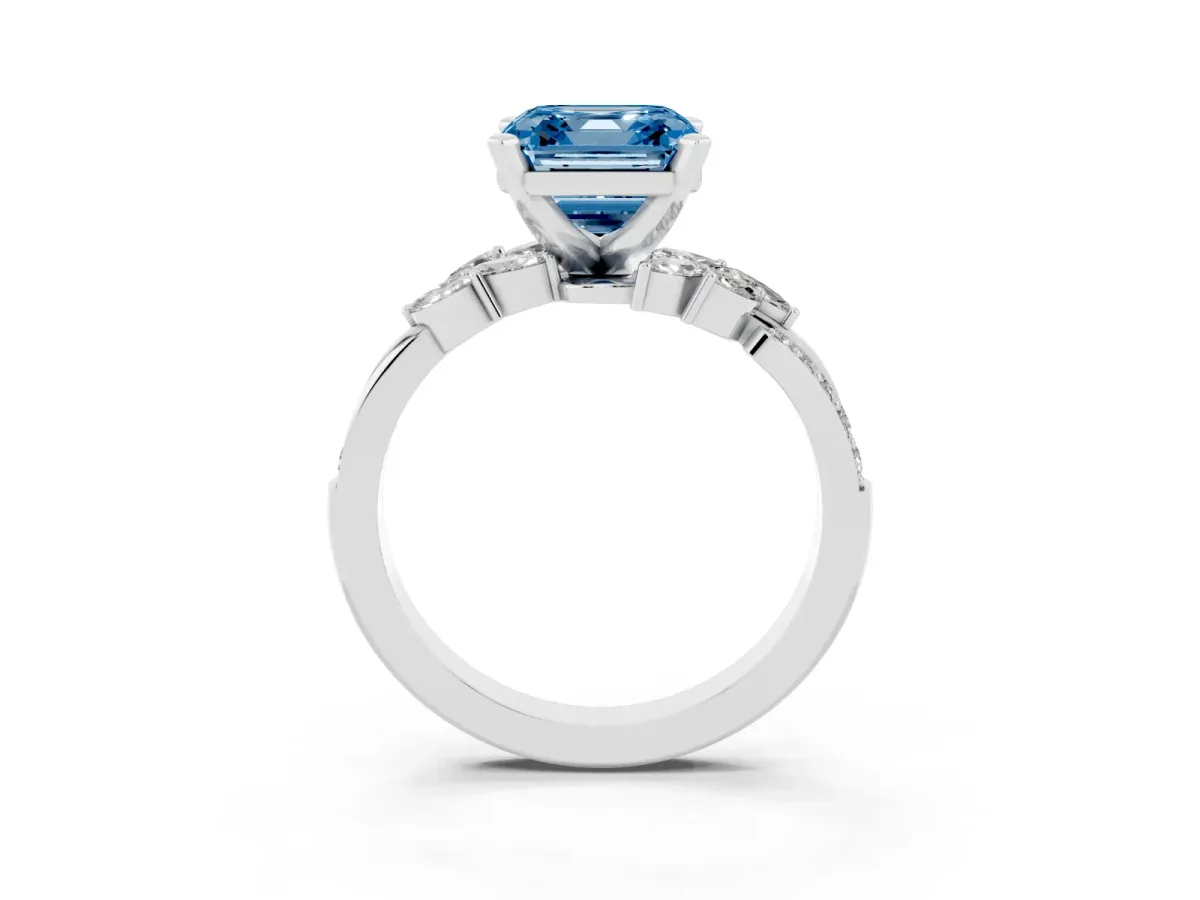 Fancy Blue Asscher Cut Solitaire Marquise Twist Band with Six-Prong Setting Silver