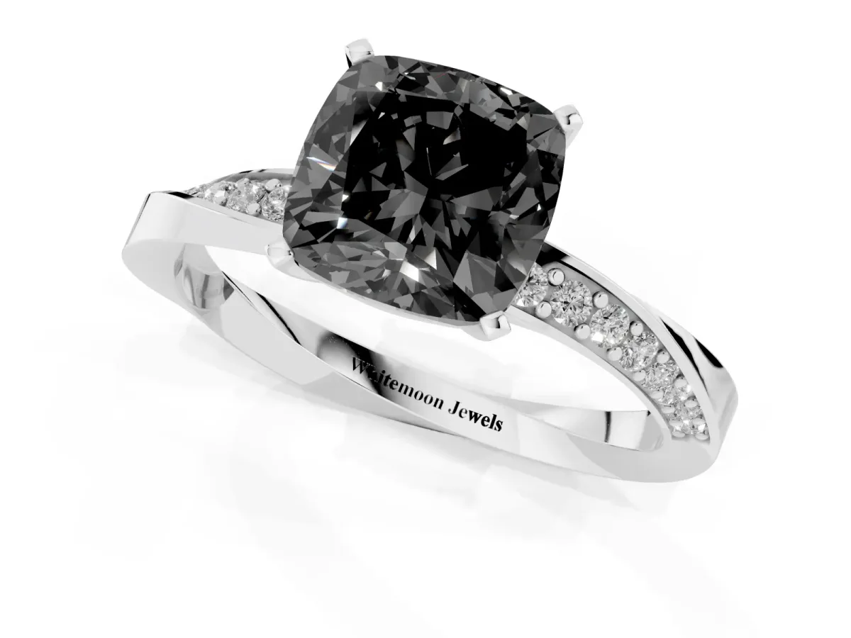 Fancy Black Cushion Cut Diamond Engagement Ring with Side Stone Accents and Four-Prong Setting Platinum
