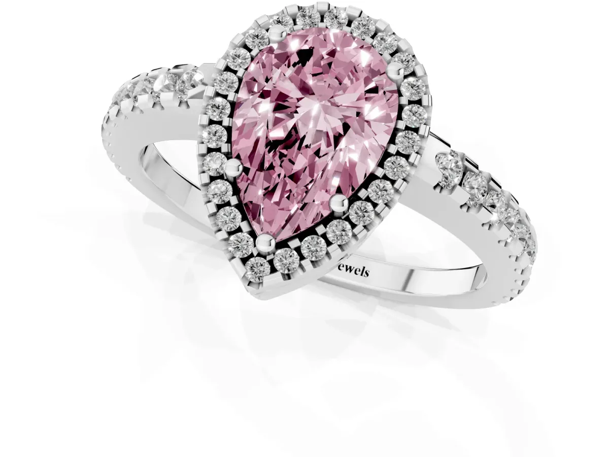 Fancy Pink Pear Cut Diamond Halo Engagement Ring with Pavé Band and Prong Setting Silver