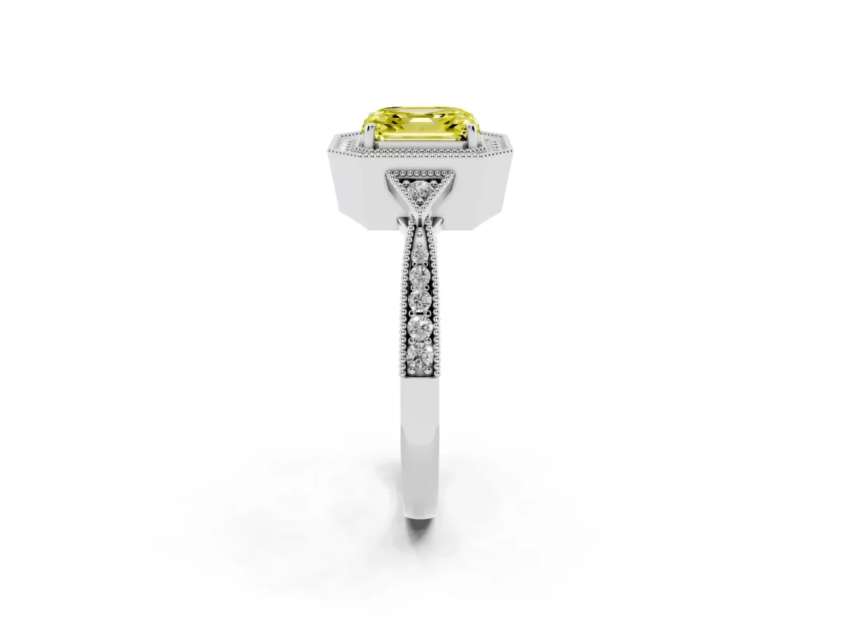 Fancy Yellow Asscher Cut Halo Round Diamond Milgrain Pave Engagement Ring White gold