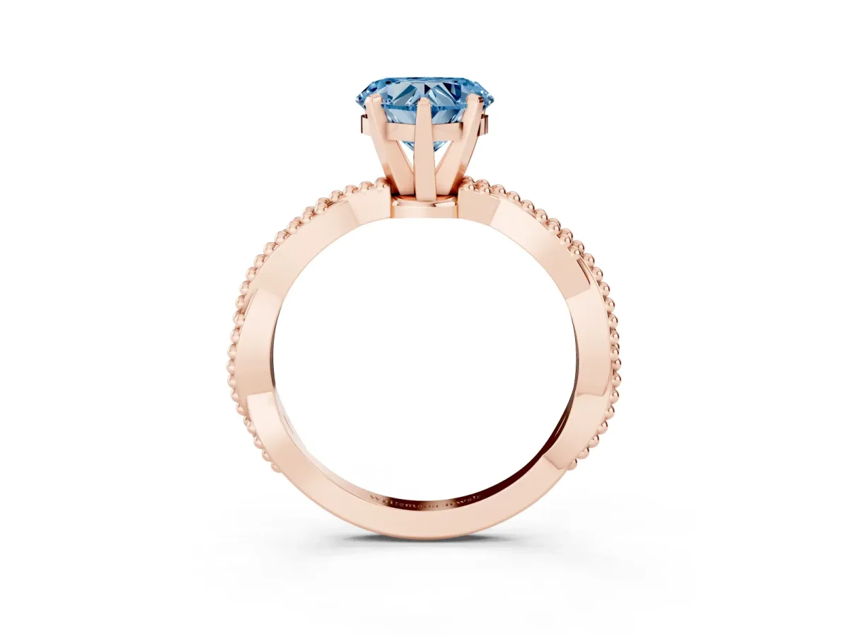 Fancy Blue Heart Cut Solitaire Twisted Band with Bead Prong Setting Rose gold