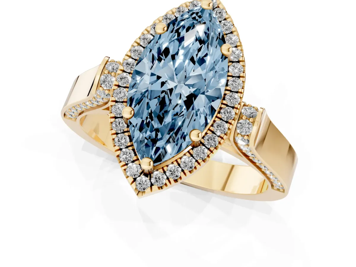 Fancy Blue Marquise Cut Halo Round Diamond Twist Band with Four-Prong Setting Yellow gold