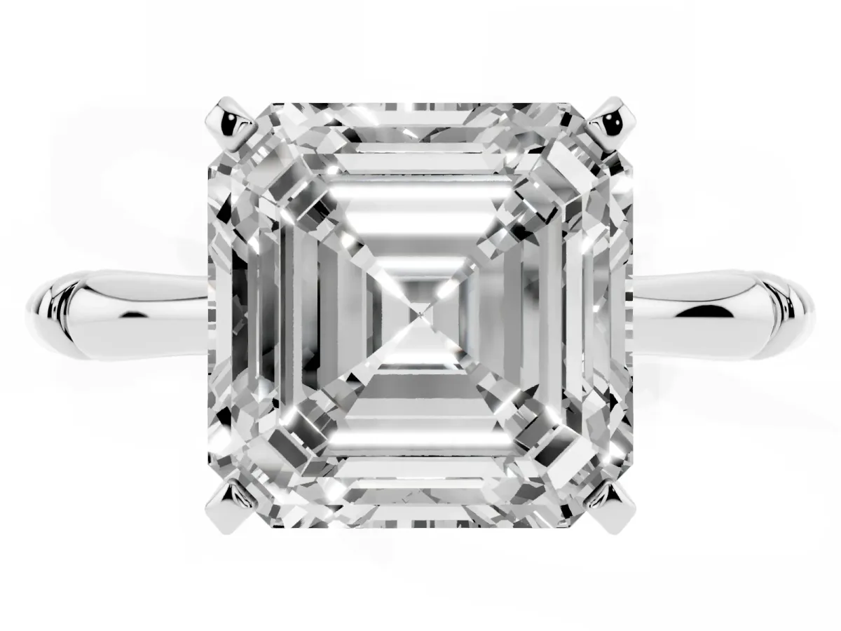 Asscher Cut Solitaire Diamond Ring with Bamboo Band and Four-Prong Setting Silver