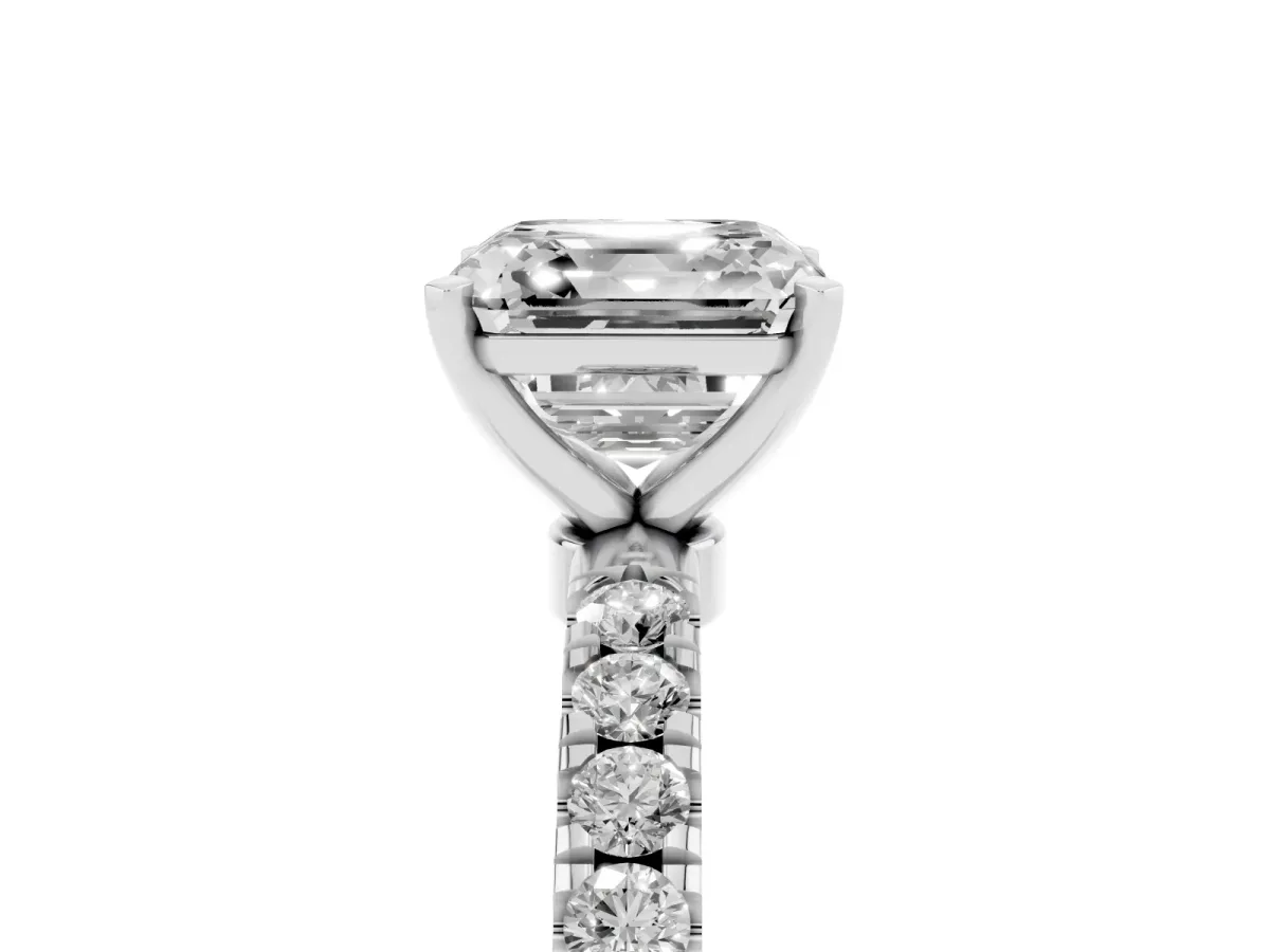 Asscher Cut Diamond Solitaire Ring with Pavé Accents and Four-Prong Setting Silver