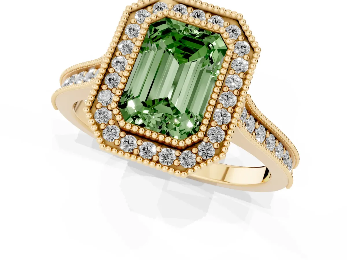 Fancy Green Halo Emerald Cut-Cut Diamond Pave Band Milgrain Prong Setting Ring Yellow gold