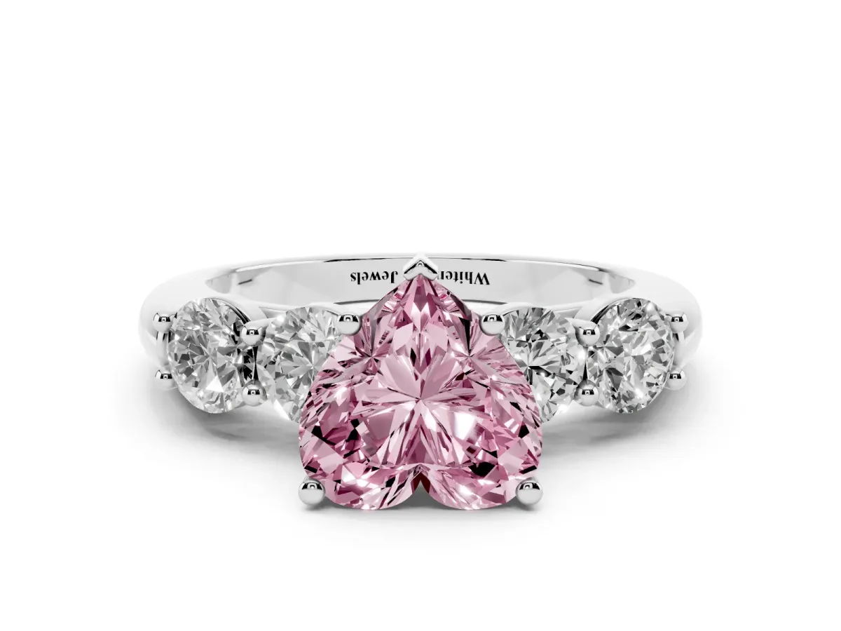 Fancy Pink Heart Cut Cut Five-Stone Prong Set Diamond Ring with Classic Band White gold