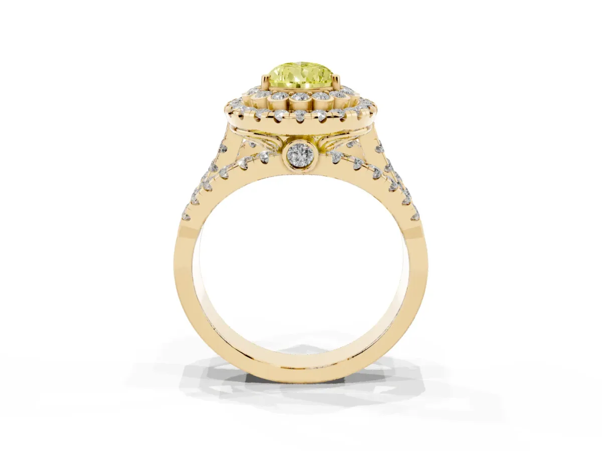 Fancy Yellow Pear Cut Diamond Double Halo Ring with Round Pavé Split Shank and Prong Setting Yellow gold