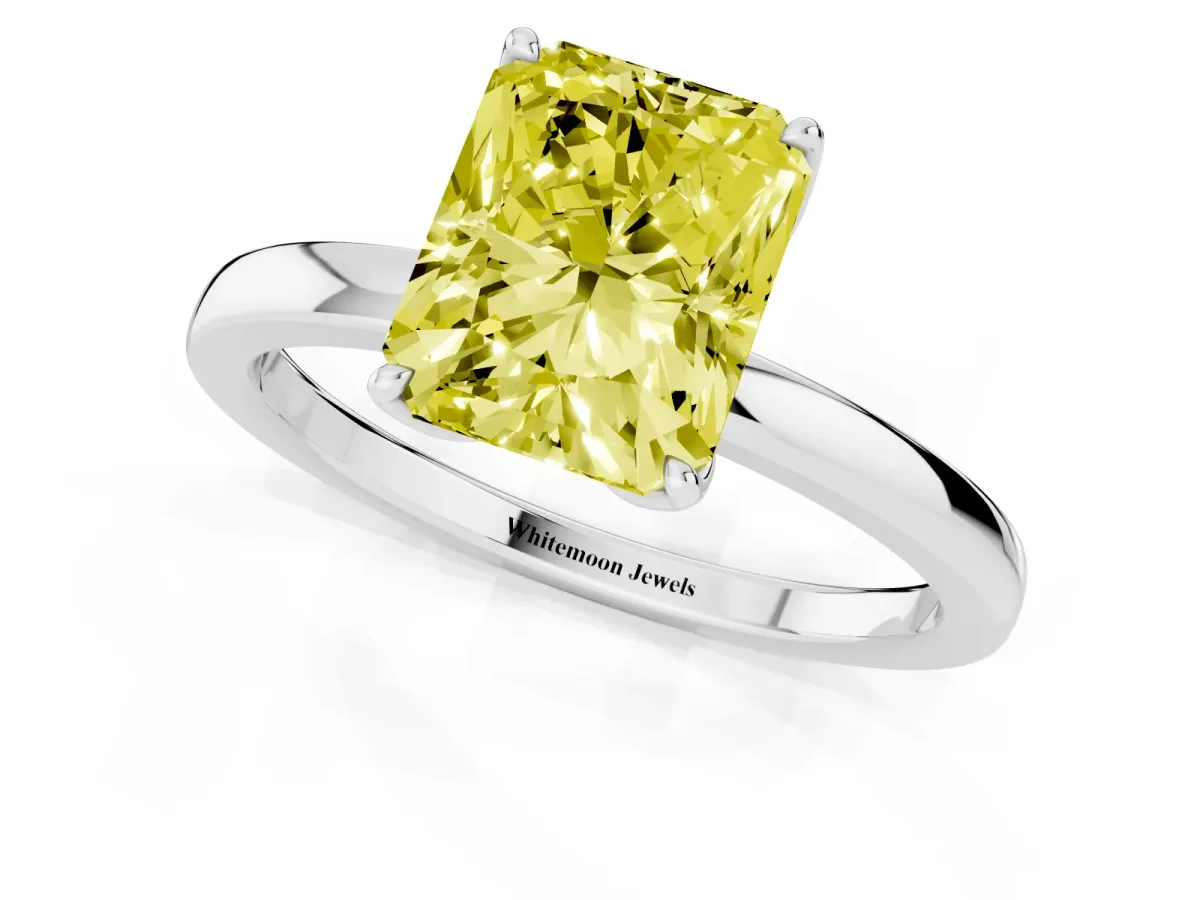 Fancy Yellow Radiant Cut Diamond Solitaire Ring with Thin Band and Prong Setting White gold