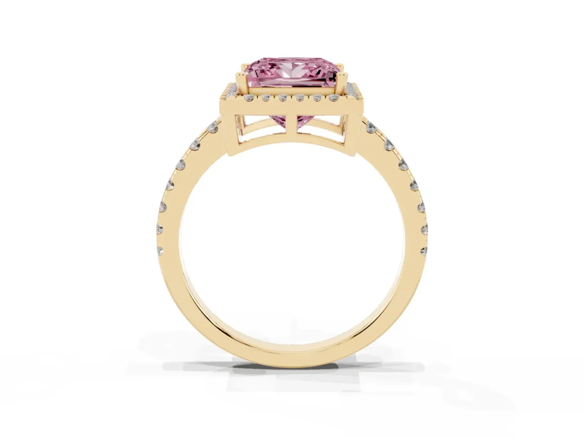 Fancy Pink Princess Cut Diamond Halo Ring with Pavé Band and Four-Prong Setting Yellow gold