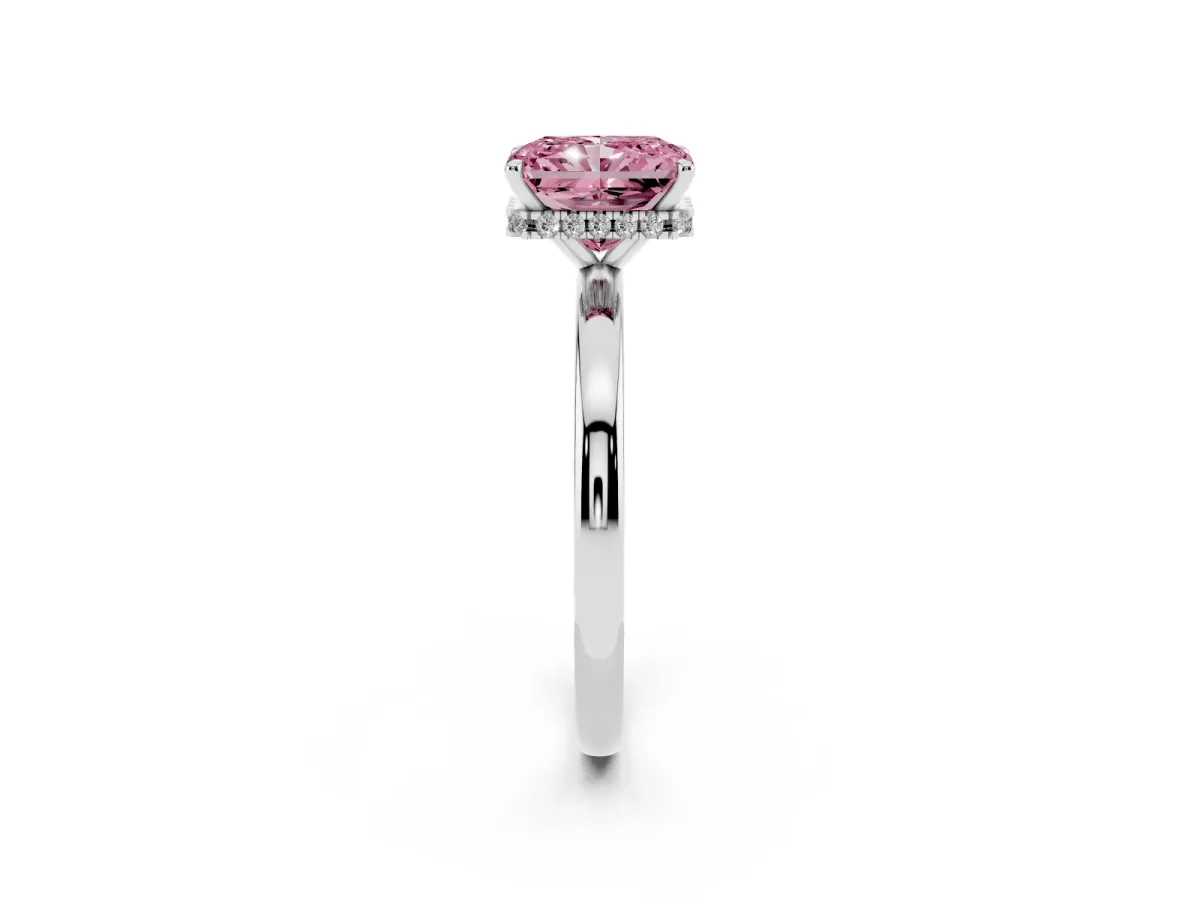 Fancy Pink Radiant Cut Solitaire Engagement Ring with Cathedral Band and Four-Prong Setting White gold
