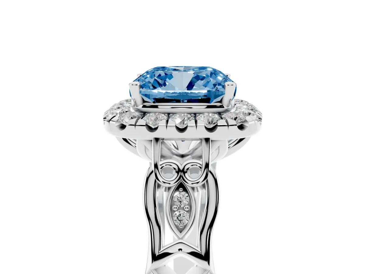 Fancy Blue Cushion Cut Halo Diamond Engagement Ring with Filigree Band and Four-Prong Setting Platinum