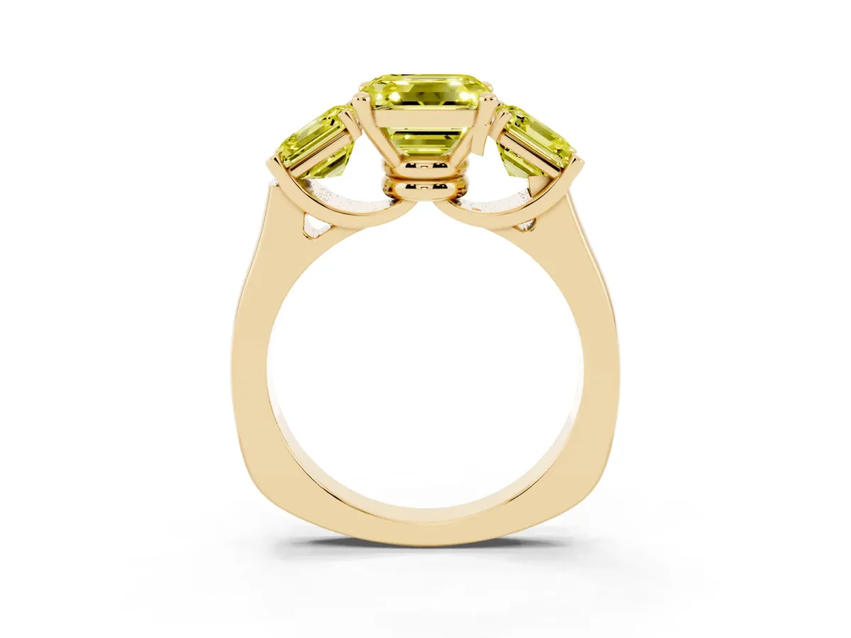 Fancy Yellow Three-Stone Asscher Cut Brilliant Diamond Trellis Ring with Comfort Fit Band Yellow gold