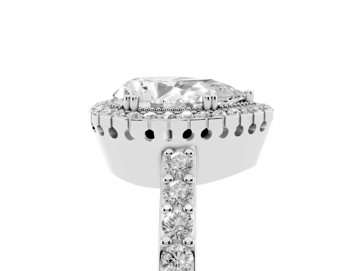 Pear Cut Cut Diamond Halo Engagement Ring with Milgrain Detail and Pavé Band White gold
