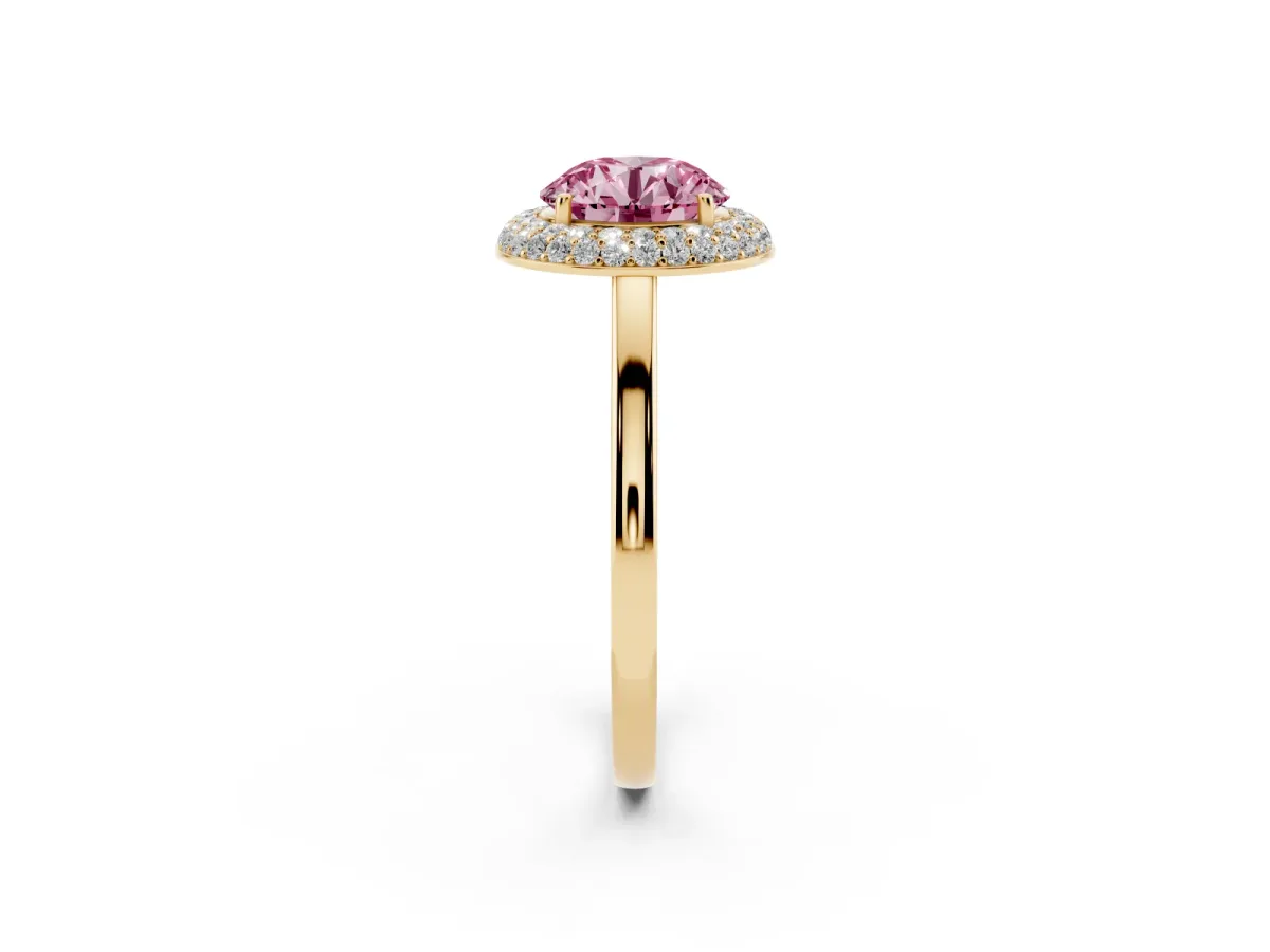 Fancy Pink Round Cut Halo Diamond Engagement Ring with Solitaire Band and Four-Prong Setting Yellow gold