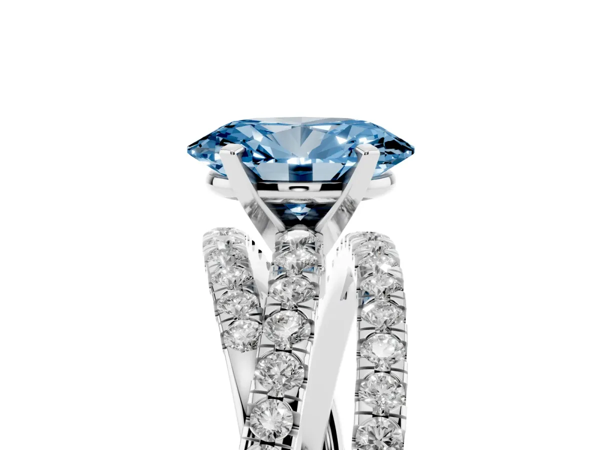 Fancy Blue Oval Cut Solitaire Twist Band with Pavé Setting and Four-Prong Setting Platinum
