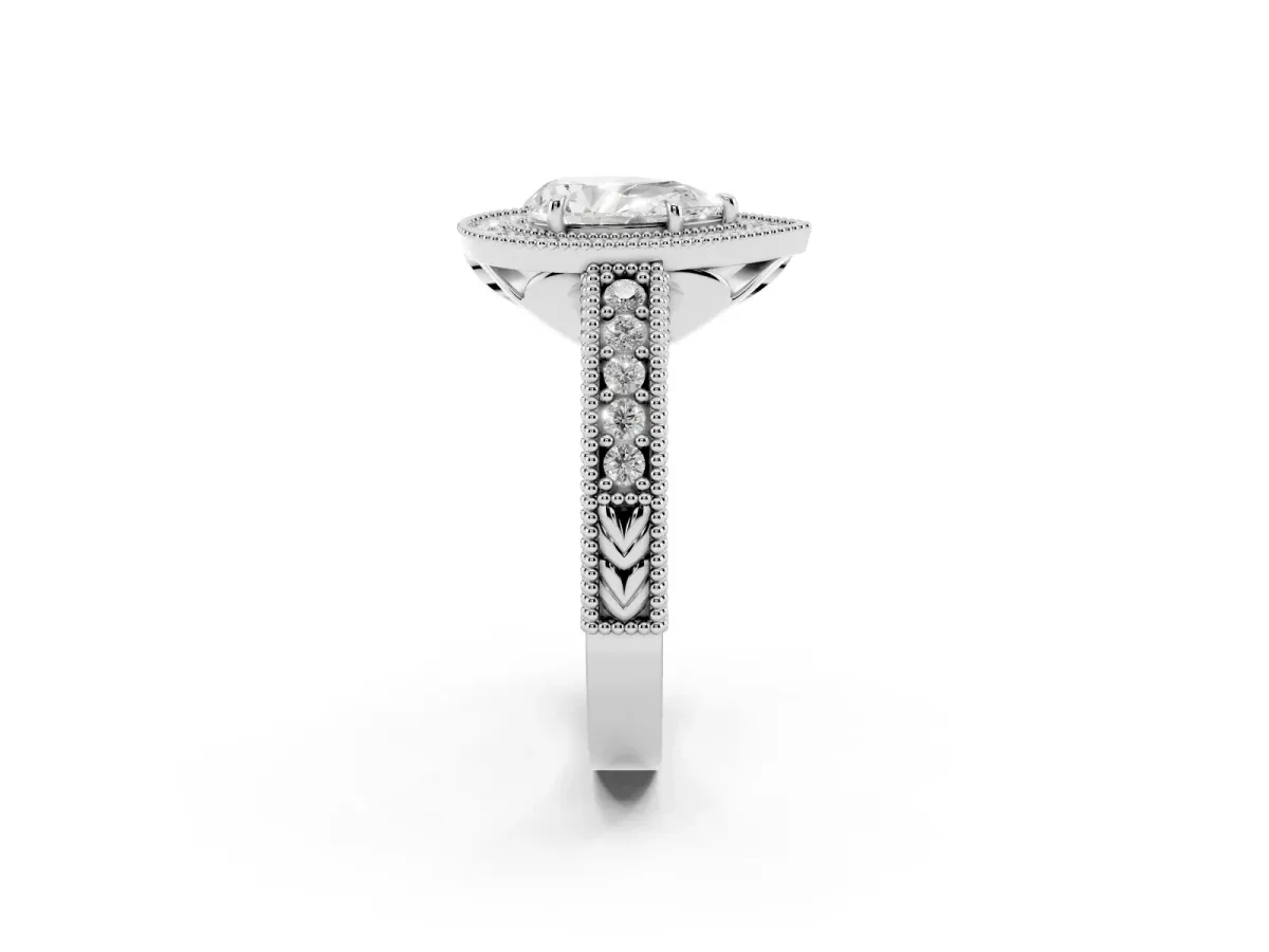 Pear Cut Cut Halo Diamond Ring with Pavé Band and Four-Prong Setting Silver