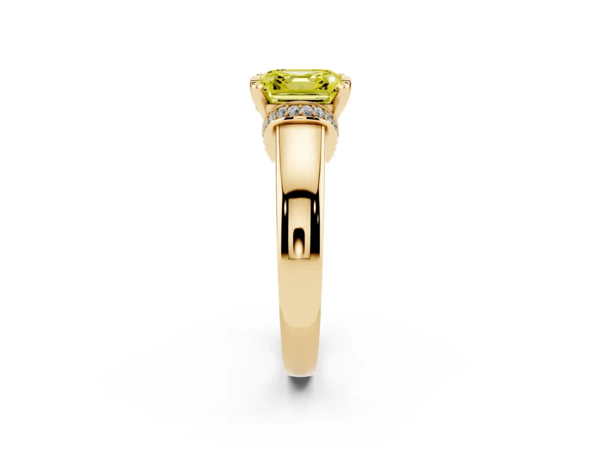 Fancy Yellow Asscher Cut Solitaire Diamond Ring with Pave Band and Six-Prong Setting Yellow gold