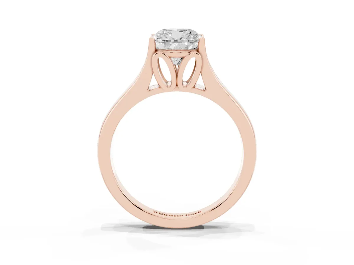 Cushion Cut Solitaire Diamond Ring with Cathedral Band and Four-Prong Setting Rose gold