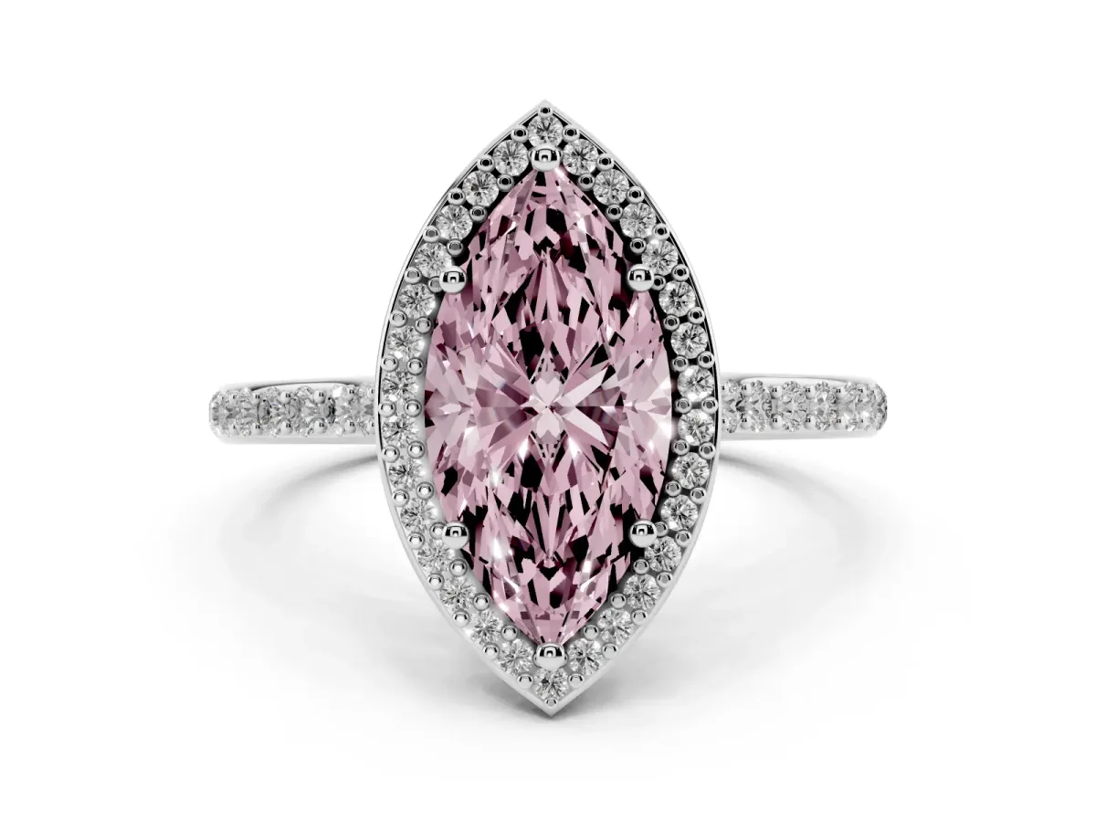 Fancy Pink Marquise Cut Diamond Halo Engagement Ring with Round Pavé Shoulders and Prong Setting Silver