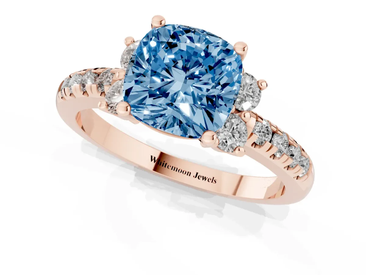 Fancy Blue Cushion Cut Diamond Three-Stone Pave Band with Four-Prong Setting Rose gold