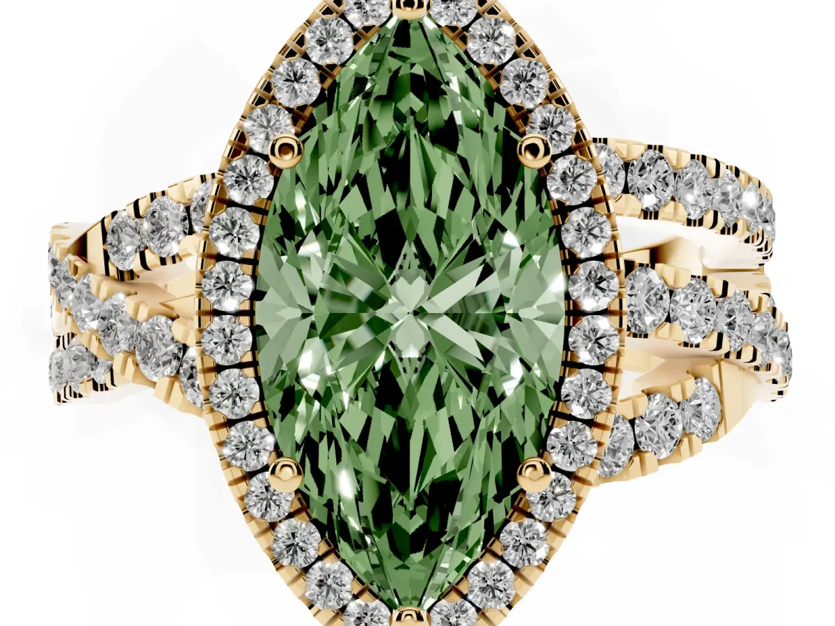 Fancy Green Marquise Cut Diamond Halo Ring with Round Split Shank and Prong Setting Yellow gold