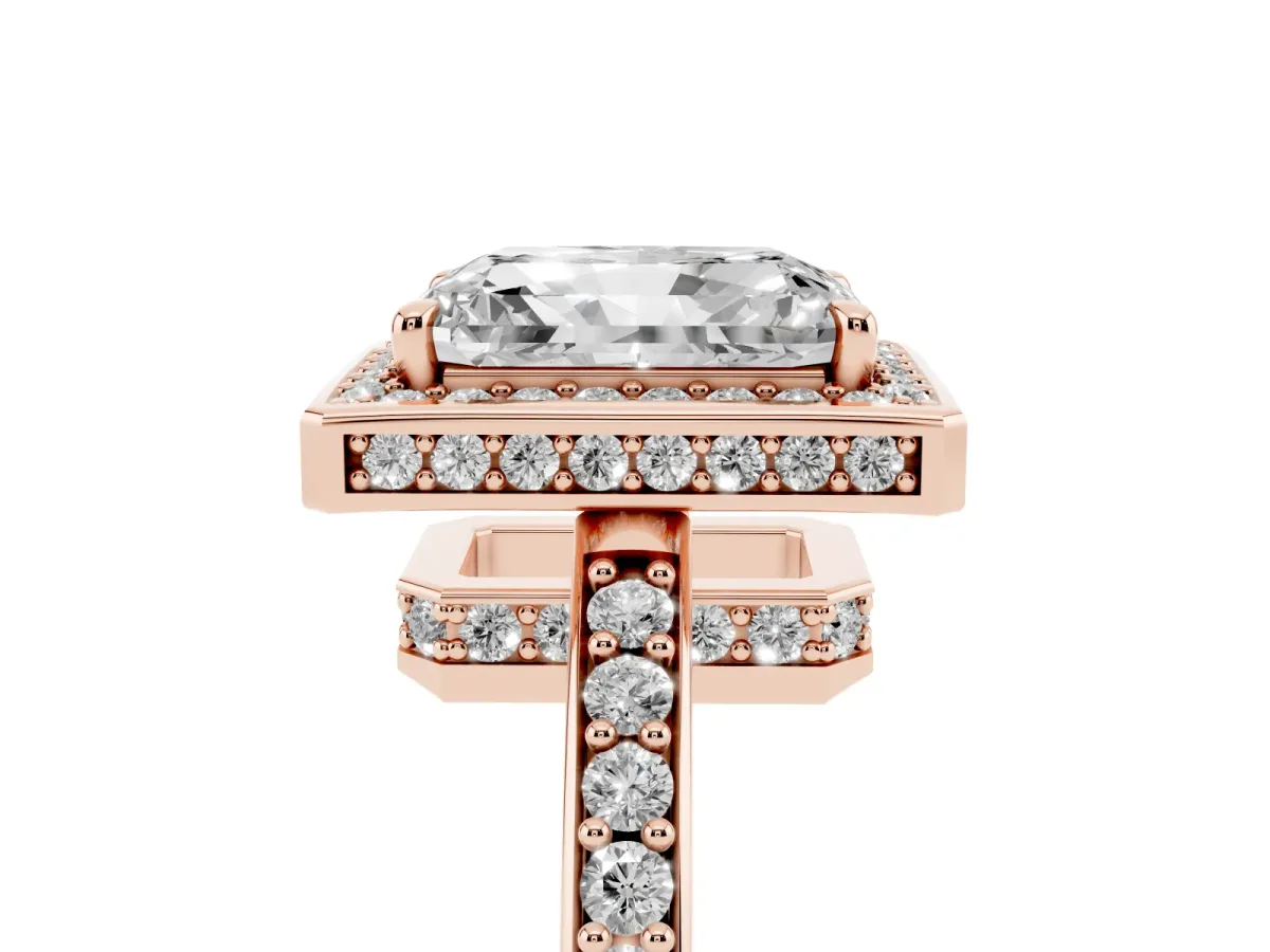 Radiant Cut Halo Pave Band Solitaire Ring with Prong Setting Rose gold