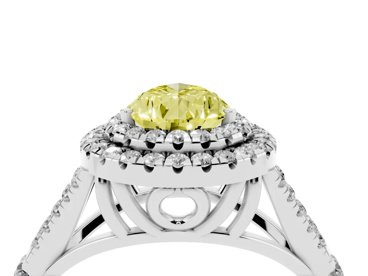 Fancy Yellow Pear Cut Diamond Double Halo Ring with Split Shank and Prong Setting Platinum