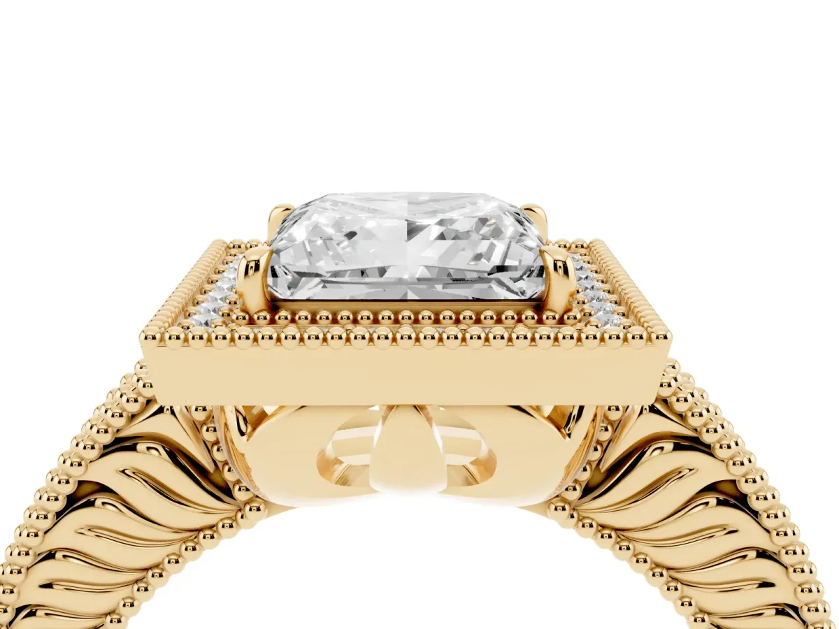 Princess Cut Cut Halo Diamond Ring with Pavé Band and Four-Prong Setting Yellow gold