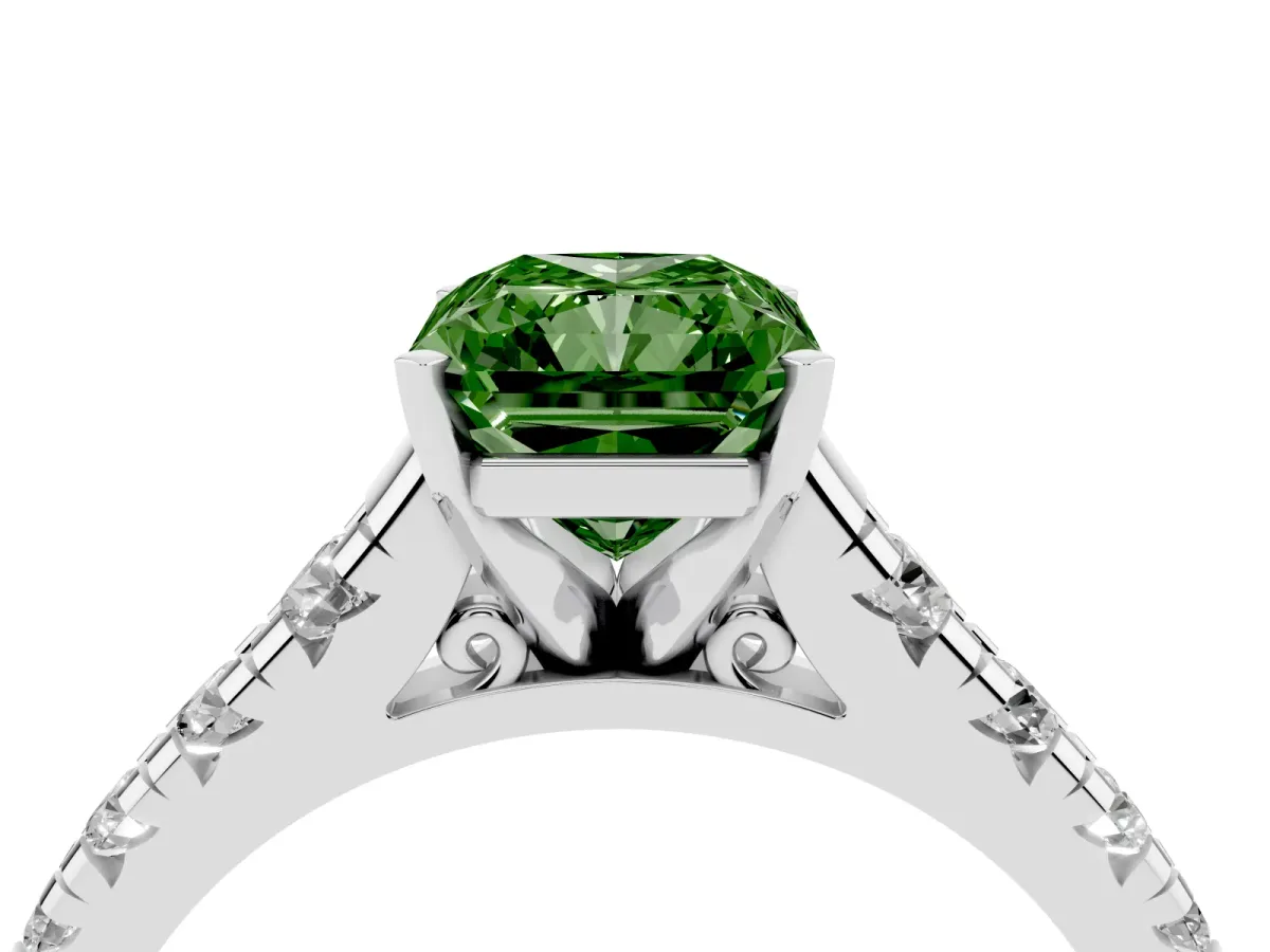 Fancy Green Radiant Cut Diamond Cathedral Solitaire Ring with Round Pavé Band Silver