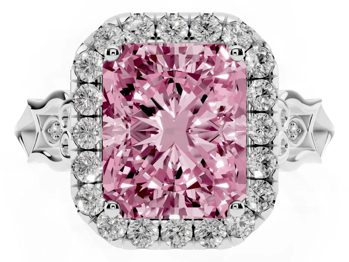 Fancy Pink Radiant Cut Halo Diamond Engagement Ring with Filigree Band and Four-Prong Setting Platinum