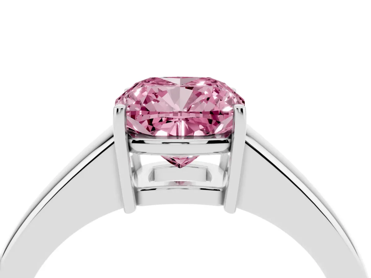 Fancy Pink Cushion Cut Solitaire Diamond Ring with Tapered Band and Four-Prong Setting Silver