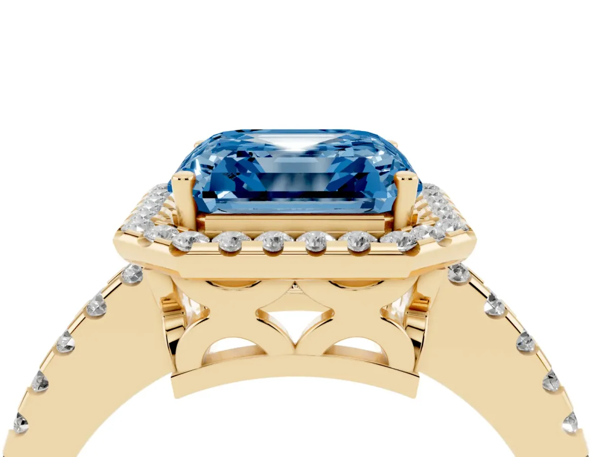 Fancy Blue Asscher Cut Diamond Halo Engagement Ring with Pavé Band and Prong Setting Yellow gold